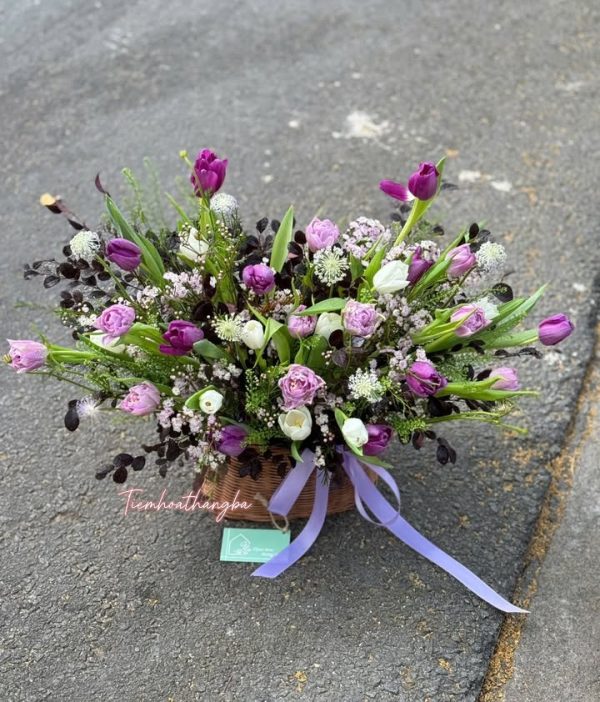 giỏ hoa tulip tím